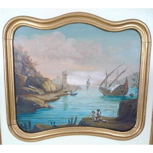 871 - An 18th century style pier glass, 20th century, with inset oil on board of harbour scene over a mirr... 