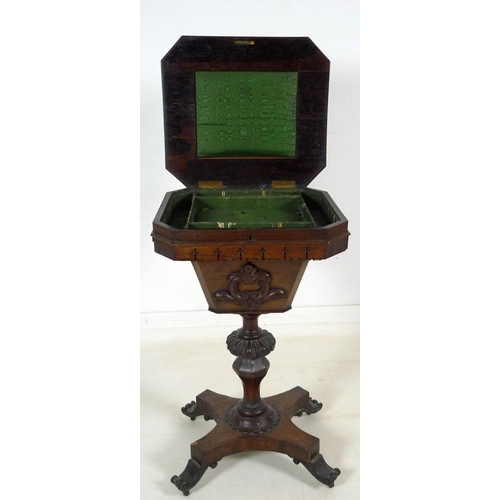 876A - A Victorian work box with octagonal top and faceted trumpet form body, green watered silk and paper ... 