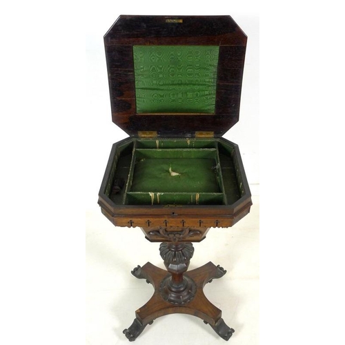 876A - A Victorian work box with octagonal top and faceted trumpet form body, green watered silk and paper ... 