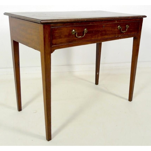 881 - A George III mahogany side table, with single drawer, cock beading and brass swan neck handles, rais... 