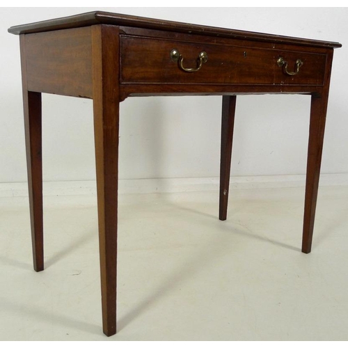 881 - A George III mahogany side table, with single drawer, cock beading and brass swan neck handles, rais... 