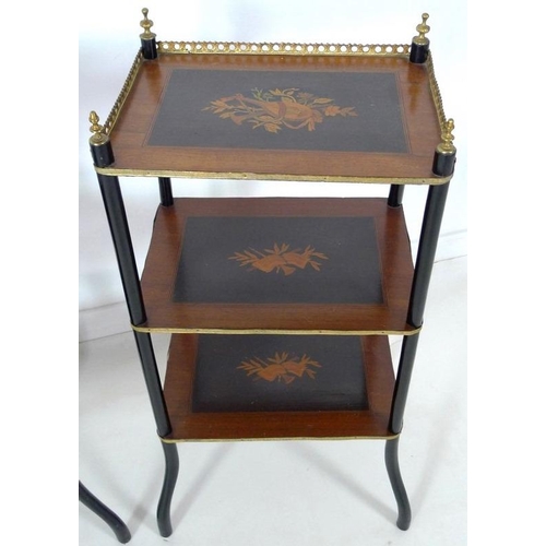 887 - A near pair of 19th century French marquetry inlaid etageres, one with musical themed inlaying, the ... 