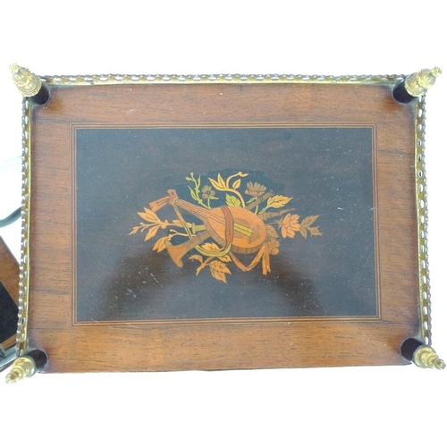 887 - A near pair of 19th century French marquetry inlaid etageres, one with musical themed inlaying, the ... 