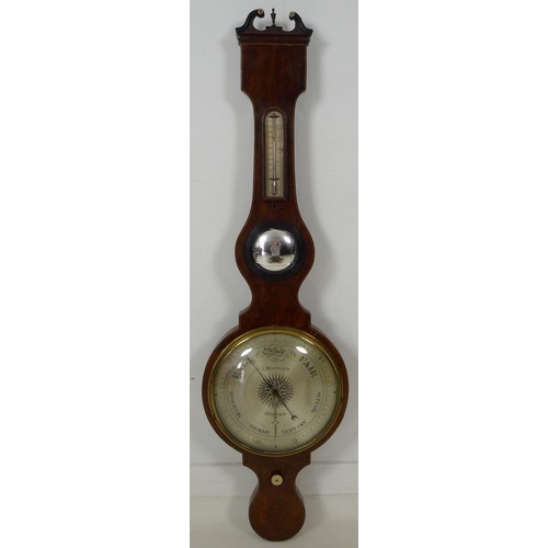 893 - A George III mahogany and line inlaid wheel barometer, silvered dial signed A. Montegani, Wisbeach, ... 