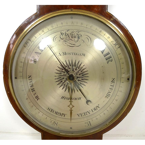 893 - A George III mahogany and line inlaid wheel barometer, silvered dial signed A. Montegani, Wisbeach, ... 