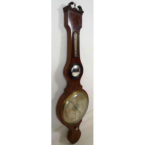 893 - A George III mahogany and line inlaid wheel barometer, silvered dial signed A. Montegani, Wisbeach, ... 