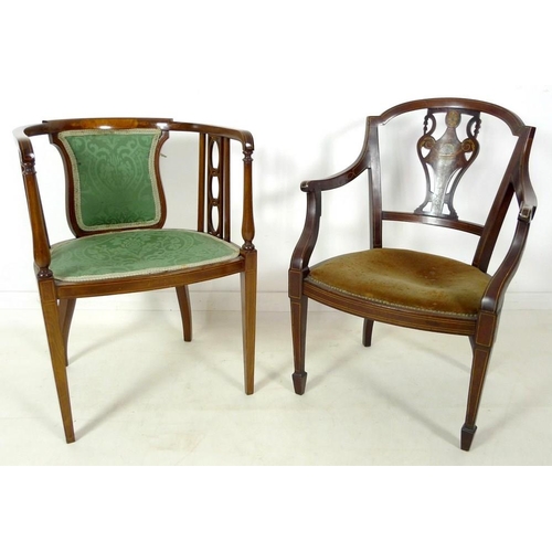 894 - Two Edwardian inlaid mahogany chairs, comprising an inlaid tub chair with green foliate upholstery, ... 