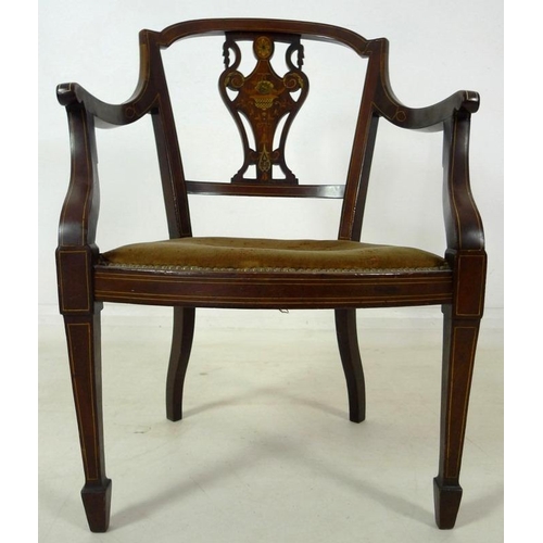 894 - Two Edwardian inlaid mahogany chairs, comprising an inlaid tub chair with green foliate upholstery, ... 