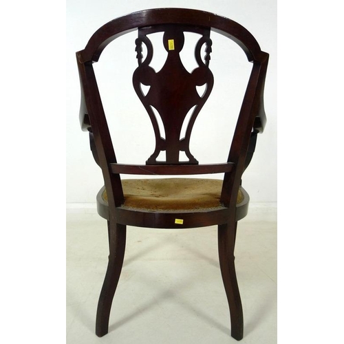 894 - Two Edwardian inlaid mahogany chairs, comprising an inlaid tub chair with green foliate upholstery, ... 