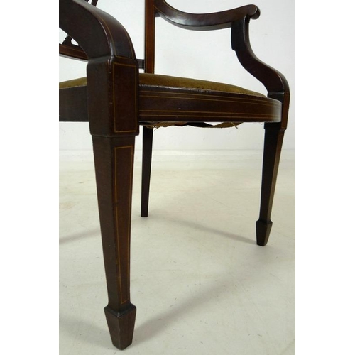 894 - Two Edwardian inlaid mahogany chairs, comprising an inlaid tub chair with green foliate upholstery, ... 