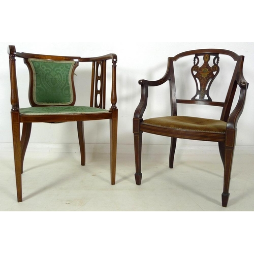 894 - Two Edwardian inlaid mahogany chairs, comprising an inlaid tub chair with green foliate upholstery, ... 