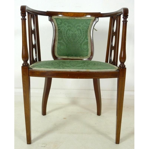 894 - Two Edwardian inlaid mahogany chairs, comprising an inlaid tub chair with green foliate upholstery, ... 