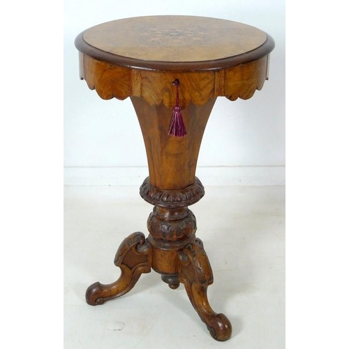 895 - A Victorian walnut veneered and inlaid work table, lift lid surface inlaid with eight pointed star, ... 