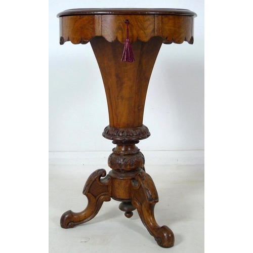 895 - A Victorian walnut veneered and inlaid work table, lift lid surface inlaid with eight pointed star, ... 