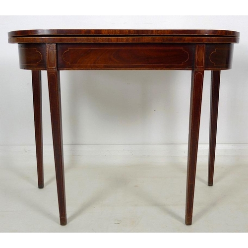 896 - A 19th century inlaid mahogany tea table, of D form with inlaid frieze, raised on tapering square se... 