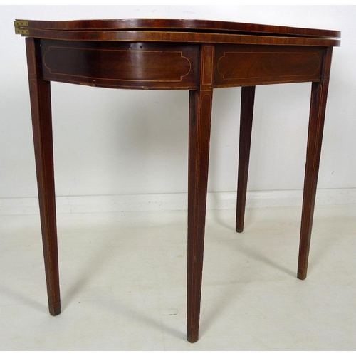 896 - A 19th century inlaid mahogany tea table, of D form with inlaid frieze, raised on tapering square se... 