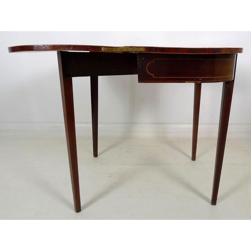 896 - A 19th century inlaid mahogany tea table, of D form with inlaid frieze, raised on tapering square se... 