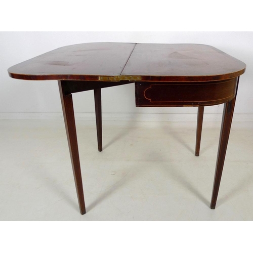 896 - A 19th century inlaid mahogany tea table, of D form with inlaid frieze, raised on tapering square se... 