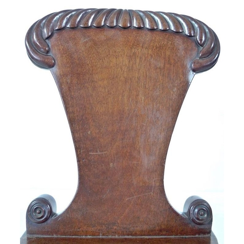 907 - A Regency mahogany hall chair, circa 1820, with gadrooned carving to the shield shaped back, raised ... 