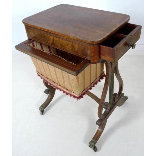 908 - An early 19th century mahogany worktable, inlaid with satinwood and crossbanded, with pull out uphol... 