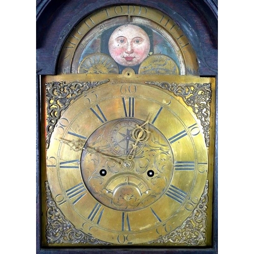 912 - A George III oak longcase clock, with engraved brass face, signed Michael Todd, Hull, painted moon r... 