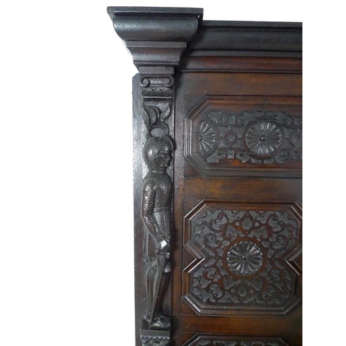 918 - An oak dresser base, parts 18th century and later, frieze carved 'Jacobvs Rex 1688', two wide and on... 