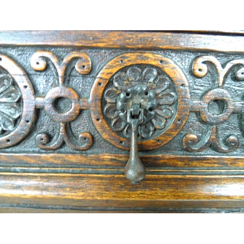 918 - An oak dresser base, parts 18th century and later, frieze carved 'Jacobvs Rex 1688', two wide and on... 