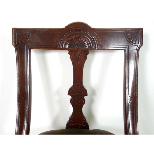 924 - A set of six Victorian Aesthetic mahogany dining chairs, bowed backs with carved decoration, upholst... 