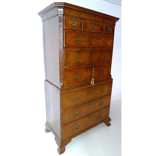 930 - A George I walnut and crossbanded tallboy chest on chest, the top section with three short over thre... 