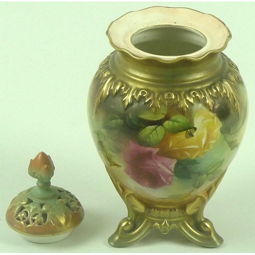 508 - A Royal Worcester porcelain pot pourri and cover of ovoid form, the pierced cover with rose finial, ... 