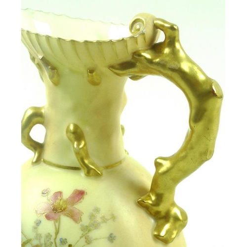 521 - A Royal Worcester blush ivory ewer with scalloped rim, gilded coral handle and painted to the lobed ... 