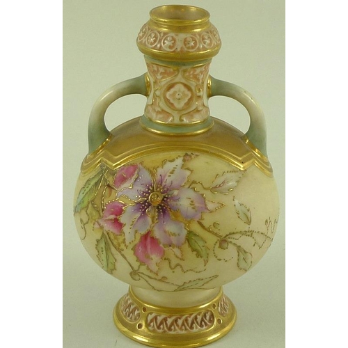 528 - A Royal Worcester blush ivory twin handled vase of ovoid form with scrolled handles, the body painte... 