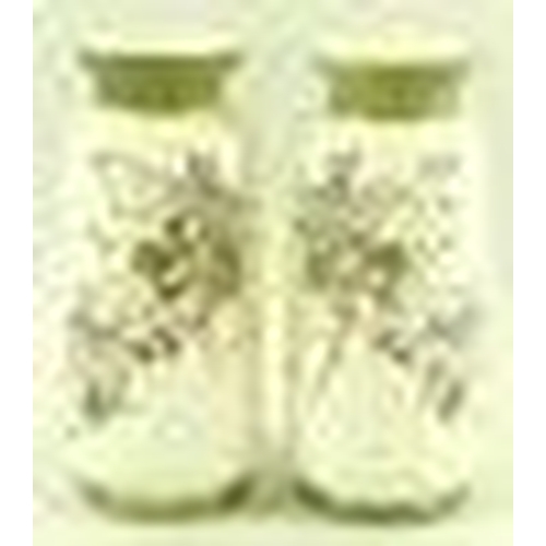 547 - A pair of milk glass floral painted vases, with green bands to the rim and foot, 27cm high. (2)