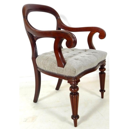 950 - A pair of 19th century open armed library chairs, by Gillows, shaped backs with scroll arms, the sea... 