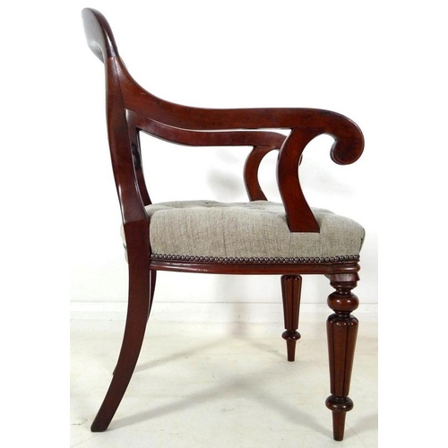 950 - A pair of 19th century open armed library chairs, by Gillows, shaped backs with scroll arms, the sea... 