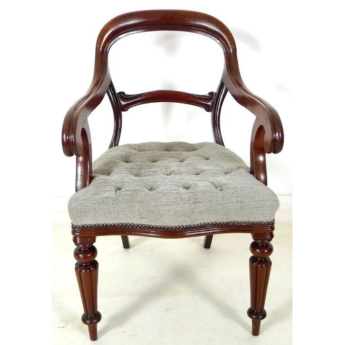 950 - A pair of 19th century open armed library chairs, by Gillows, shaped backs with scroll arms, the sea... 