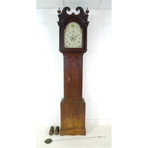 1000 - A 19th century oak and inlaid long case clock, the painted arched dial signed C. Broderick, Boston, ... 