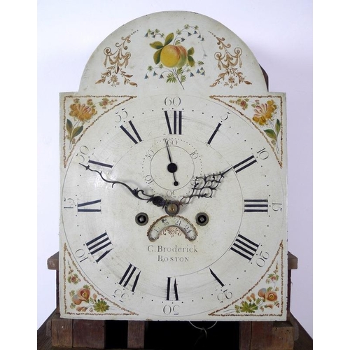 1000 - A 19th century oak and inlaid long case clock, the painted arched dial signed C. Broderick, Boston, ... 