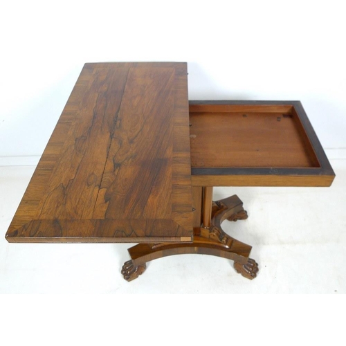 1013 - A Victorian rosewood card table, with crossbanded decoration to the fold over surface, inset with ba... 