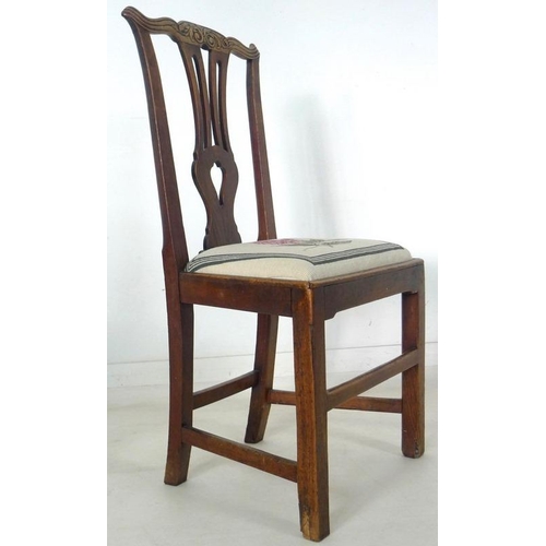 1018 - A set of six early Victorian oak dining chairs, shaped and carved rails, pierced vase splat, drop in... 