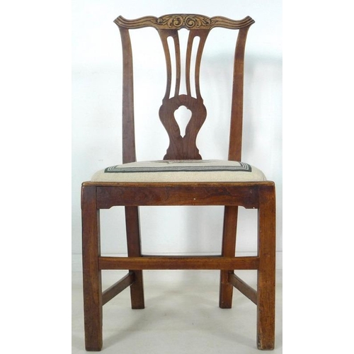 1018 - A set of six early Victorian oak dining chairs, shaped and carved rails, pierced vase splat, drop in... 