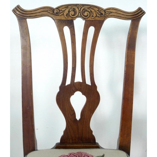 1018 - A set of six early Victorian oak dining chairs, shaped and carved rails, pierced vase splat, drop in... 