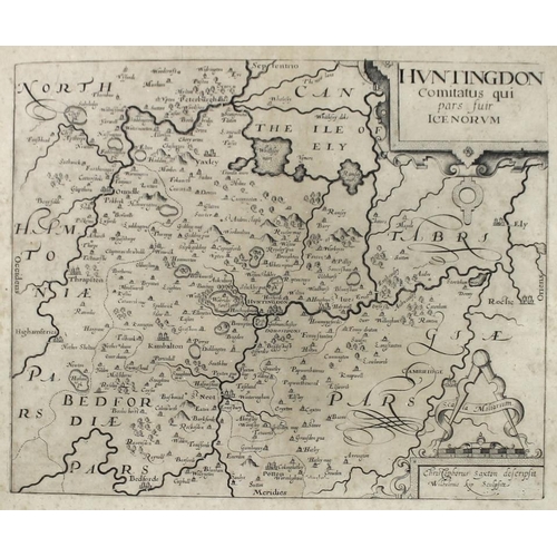 571 - Christopher Saxton / William Kip: 18th century Huntingdon map, uncoloured, 28 by 34cm, together with... 