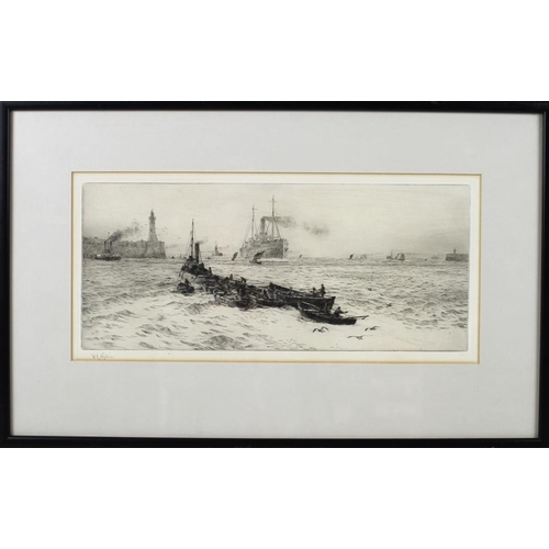 576 - William Lionel Wyllie RA (British, 1851-1931): a dry point etching on paper, depicting a tug boat to... 