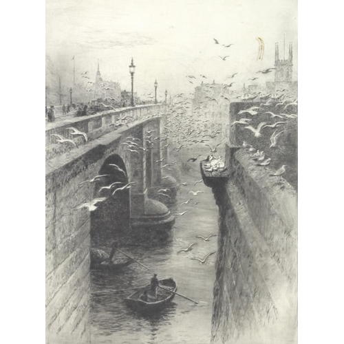 577 - William Lionel Wyllie RA (British, 1851-1931): London Bridge, with a flock of sea gulls, dry point e... 