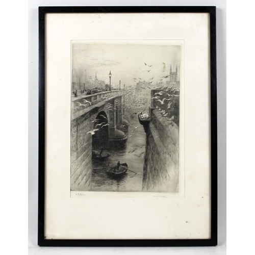 577 - William Lionel Wyllie RA (British, 1851-1931): London Bridge, with a flock of sea gulls, dry point e... 