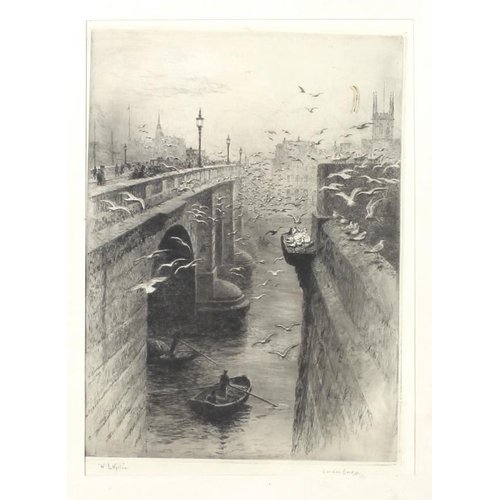 577 - William Lionel Wyllie RA (British, 1851-1931): London Bridge, with a flock of sea gulls, dry point e... 