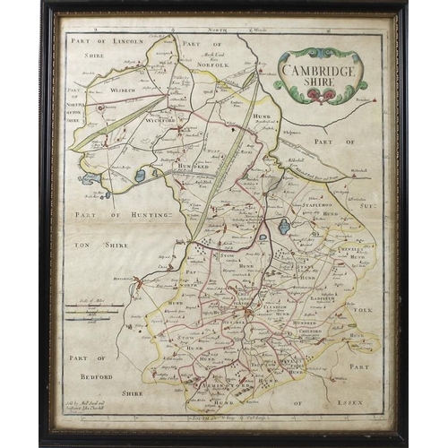 582 - After Robert Morden (1650-1703): a hand coloured map of Cambridgeshire showing three scales of miles... 