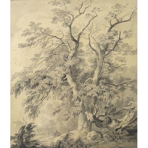 594 - Robertson (British, early 19th century): 'The Chestnut', a study of the tree with figures resting be... 