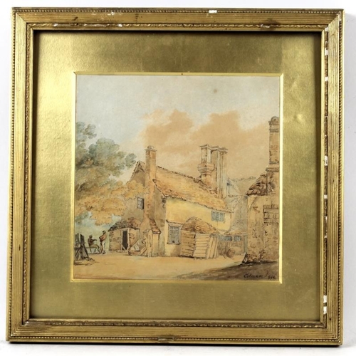 600 - Manner of John Sell Cotman R.A. (British, 1782-1842): study of a cottage with figures beneath a tree... 